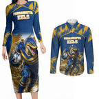 Personalised Parramatta Eels Mascot Rugby Couples Matching Long Sleeve Bodycon Dress and Long Sleeve Button Shirt Parramatta Cityscape Athletic Graphic Print