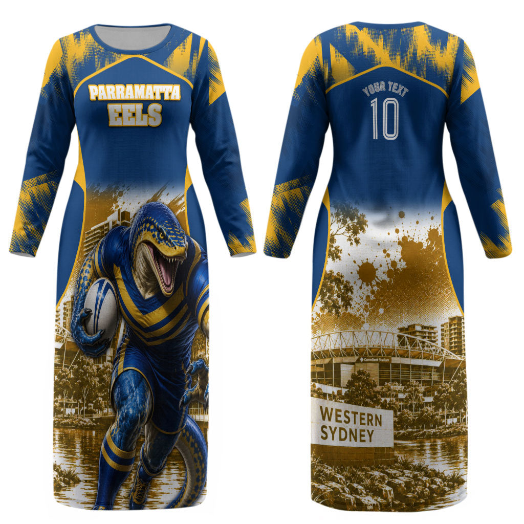 Personalised Parramatta Eels Mascot Rugby Couples Matching Long Sleeve Bodycon Dress and Long Sleeve Button Shirt Parramatta Cityscape Athletic Graphic Print