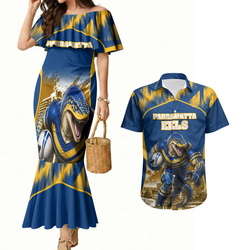 Personalised Parramatta Eels Mascot Rugby Couples Matching Mermaid Dress and Hawaiian Shirt Parramatta Cityscape Athletic Graphic Print