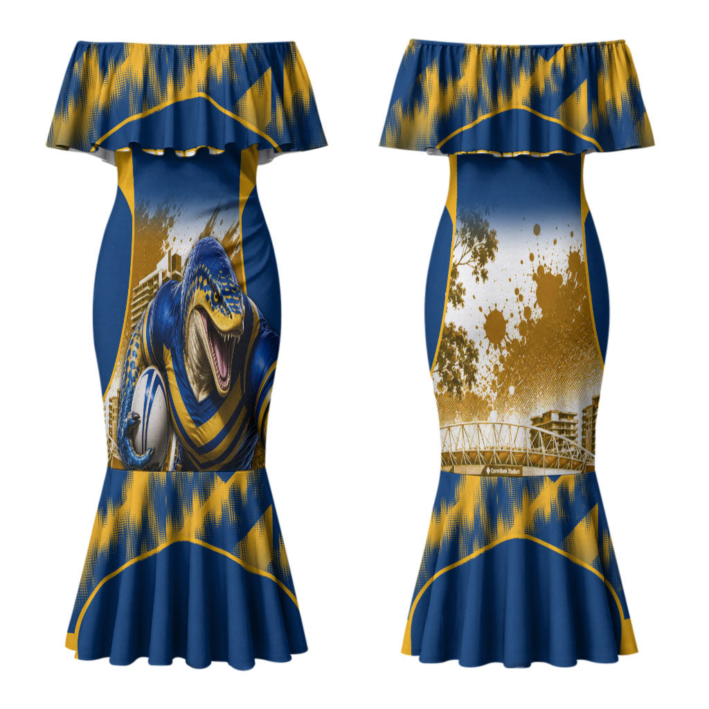 Personalised Parramatta Eels Mascot Rugby Couples Matching Mermaid Dress and Hawaiian Shirt Parramatta Cityscape Athletic Graphic Print