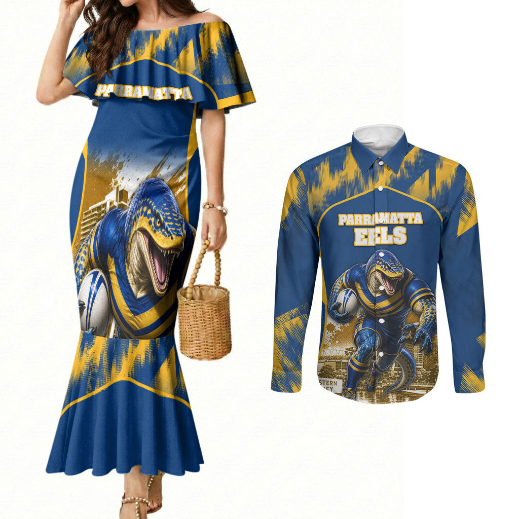 Personalised Parramatta Eels Mascot Rugby Couples Matching Mermaid Dress and Long Sleeve Button Shirt Parramatta Cityscape Athletic Graphic Print