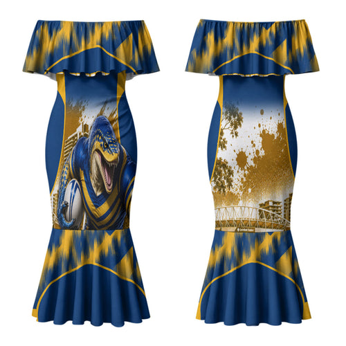 Personalised Parramatta Eels Mascot Rugby Couples Matching Mermaid Dress and Long Sleeve Button Shirt Parramatta Cityscape Athletic Graphic Print