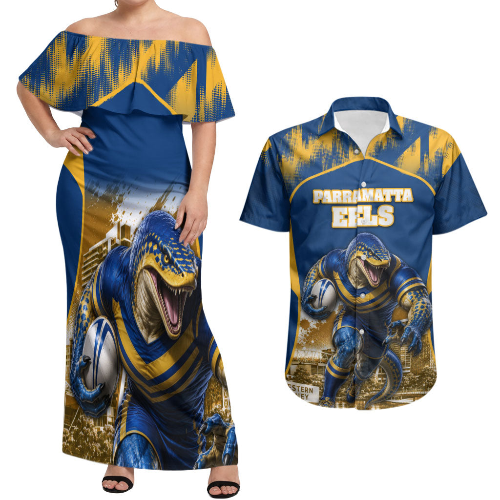 Personalised Parramatta Eels Mascot Rugby Couples Matching Off Shoulder Maxi Dress and Hawaiian Shirt Parramatta Cityscape Athletic Graphic Print