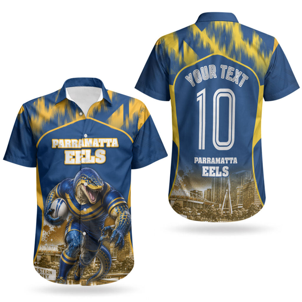 Personalised Parramatta Eels Mascot Rugby Couples Matching Off Shoulder Maxi Dress and Hawaiian Shirt Parramatta Cityscape Athletic Graphic Print