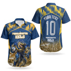 Personalised Parramatta Eels Mascot Rugby Couples Matching Off Shoulder Maxi Dress and Hawaiian Shirt Parramatta Cityscape Athletic Graphic Print
