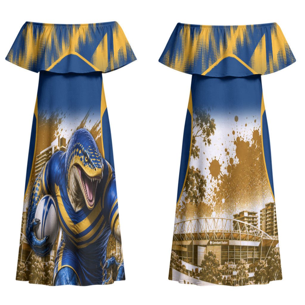 Personalised Parramatta Eels Mascot Rugby Couples Matching Off Shoulder Maxi Dress and Long Sleeve Button Shirt Parramatta Cityscape Athletic Graphic Print