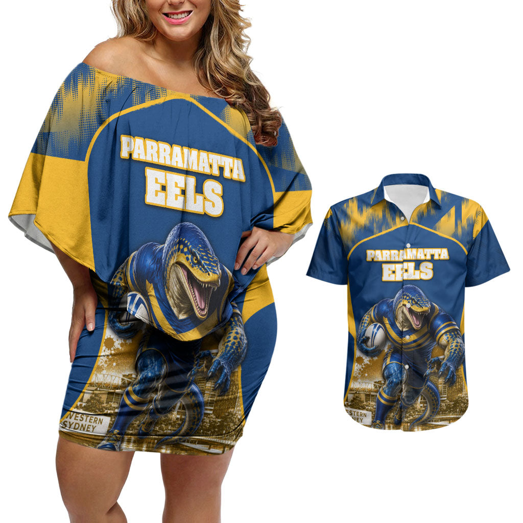 Personalised Parramatta Eels Mascot Rugby Couples Matching Off Shoulder Short Dress and Hawaiian Shirt Parramatta Cityscape Athletic Graphic Print