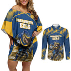 Personalised Parramatta Eels Mascot Rugby Couples Matching Off Shoulder Short Dress and Long Sleeve Button Shirt Parramatta Cityscape Athletic Graphic Print