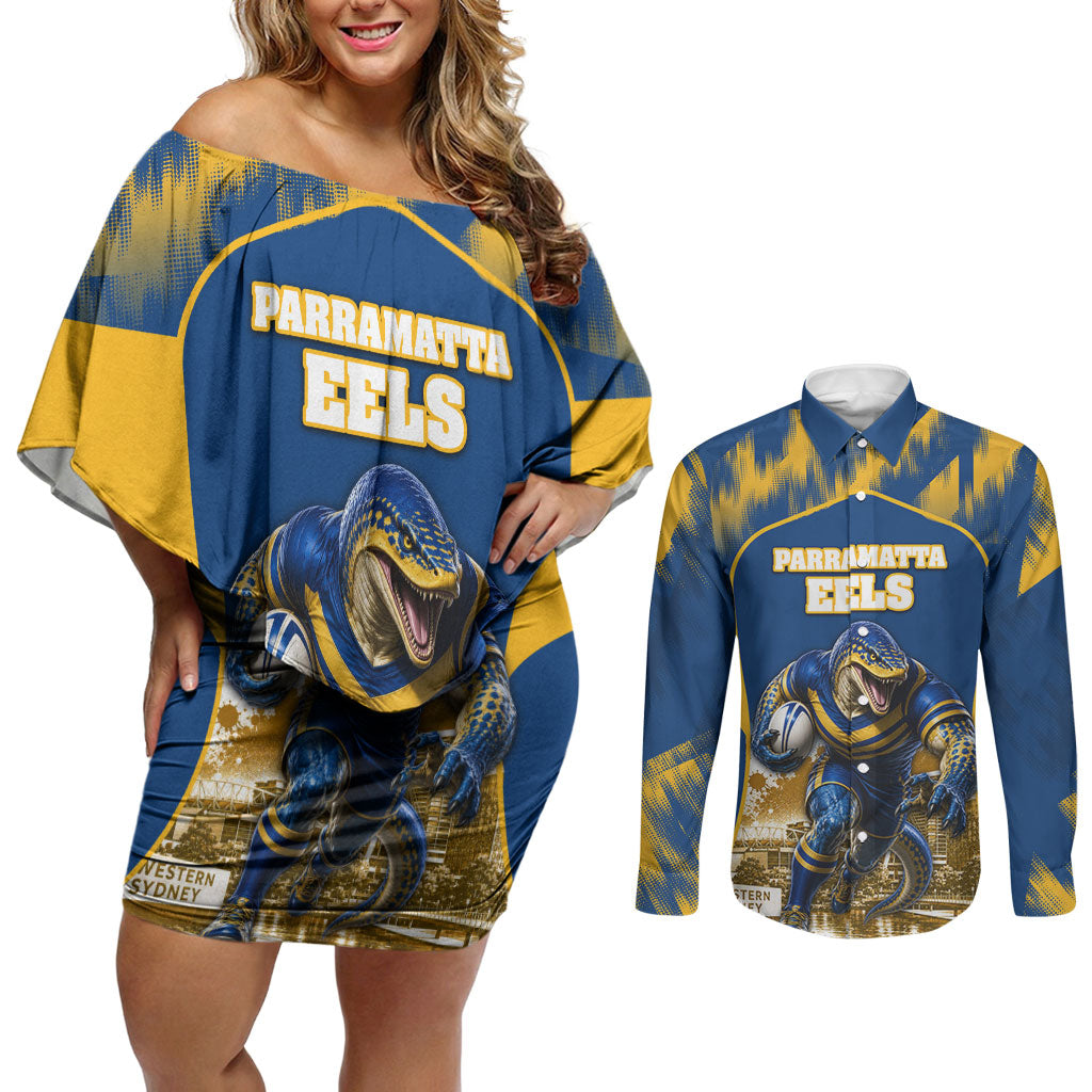 Personalised Parramatta Eels Mascot Rugby Couples Matching Off Shoulder Short Dress and Long Sleeve Button Shirt Parramatta Cityscape Athletic Graphic Print