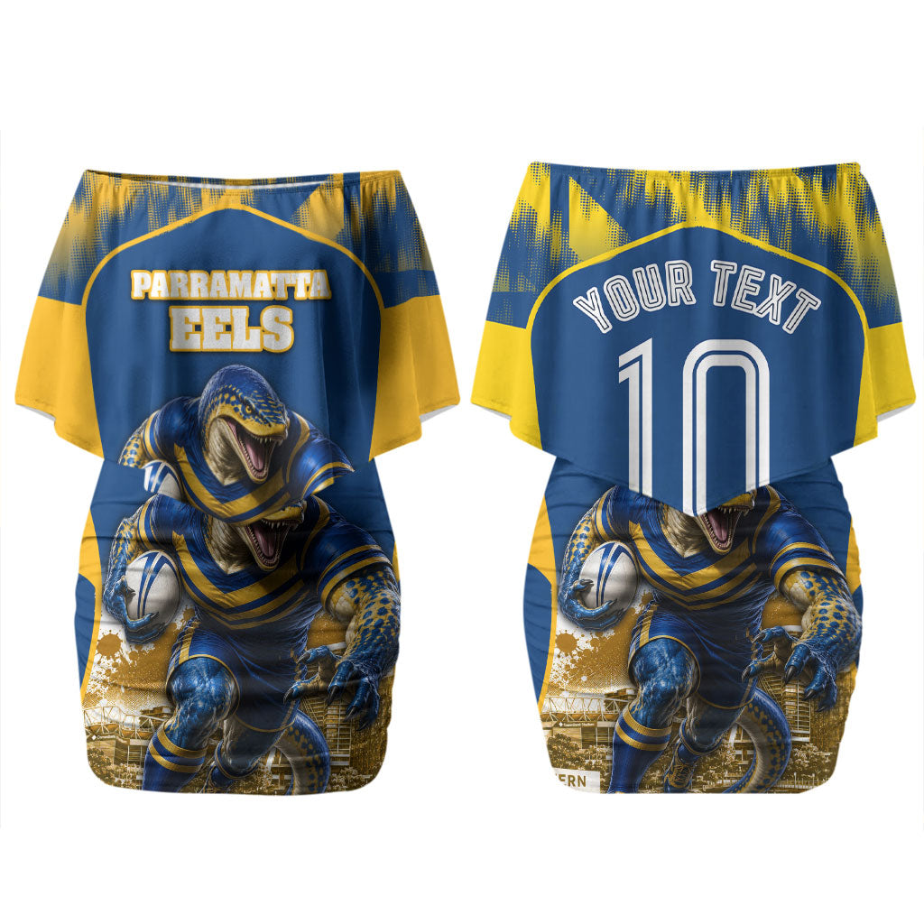 Personalised Parramatta Eels Mascot Rugby Couples Matching Off Shoulder Short Dress and Long Sleeve Button Shirt Parramatta Cityscape Athletic Graphic Print
