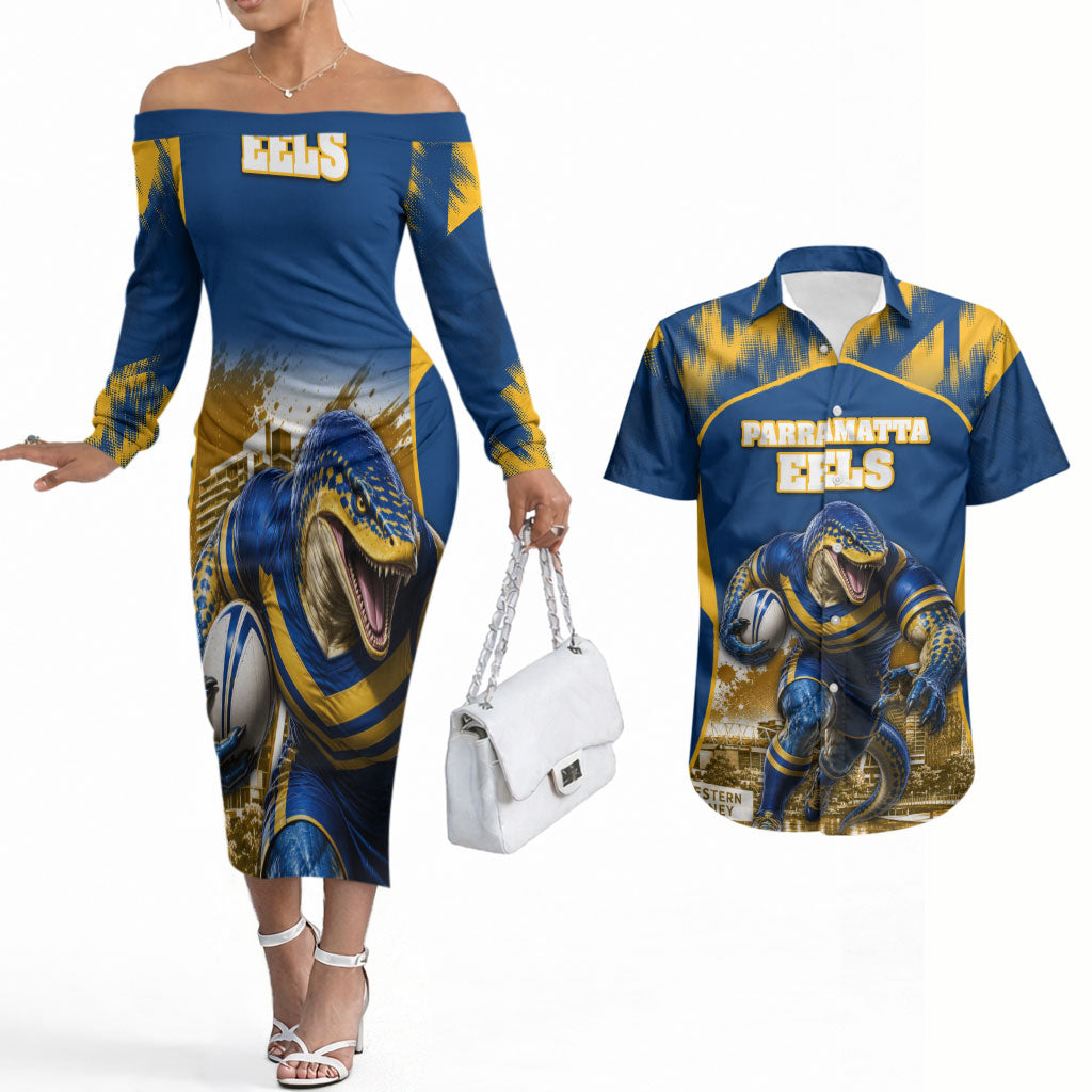 Personalised Parramatta Eels Mascot Rugby Couples Matching Off The Shoulder Long Sleeve Dress and Hawaiian Shirt Parramatta Cityscape Athletic Graphic Print