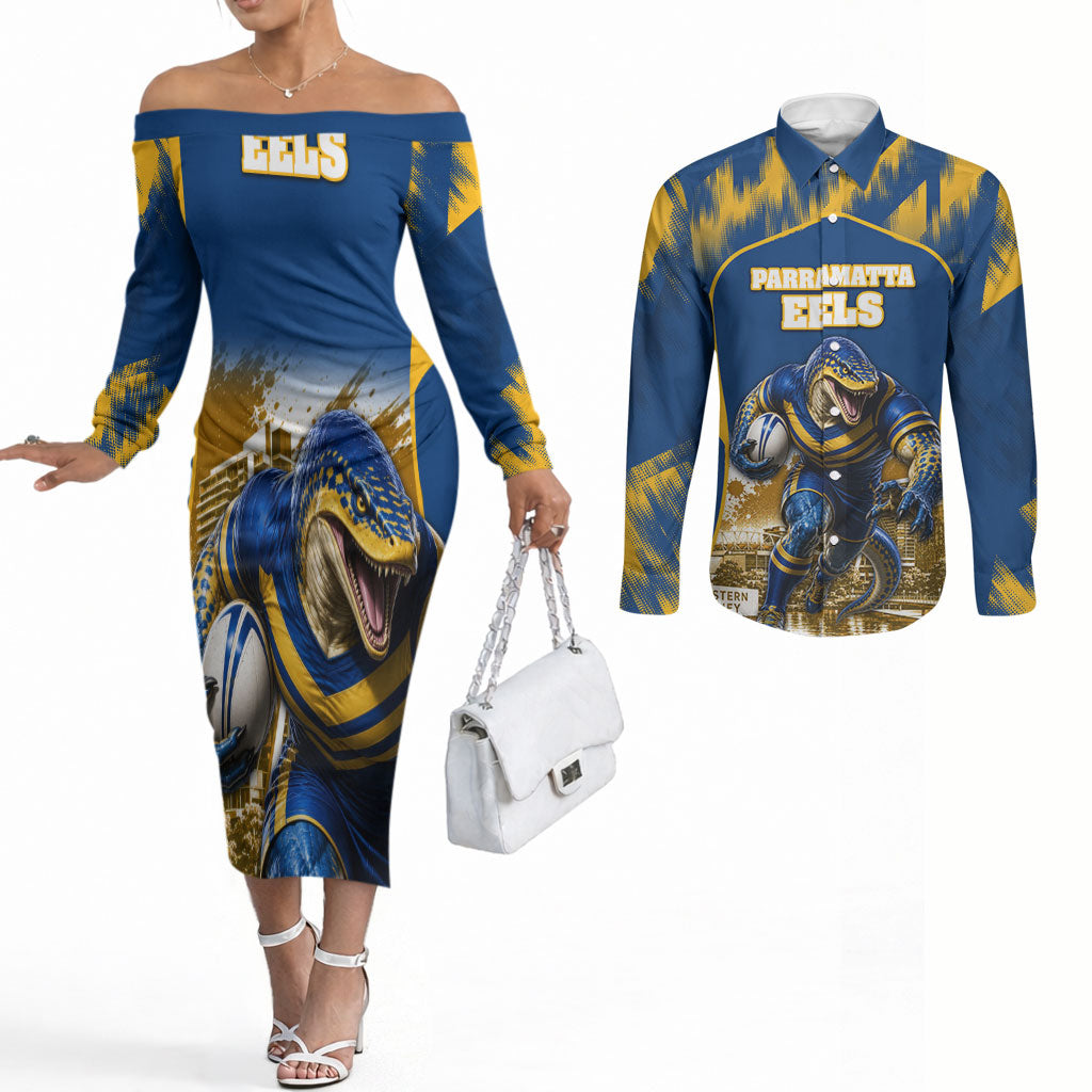 Personalised Parramatta Eels Mascot Rugby Couples Matching Off The Shoulder Long Sleeve Dress and Long Sleeve Button Shirt Parramatta Cityscape Athletic Graphic Print