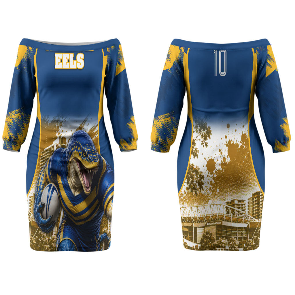 Personalised Parramatta Eels Mascot Rugby Couples Matching Off The Shoulder Long Sleeve Dress and Long Sleeve Button Shirt Parramatta Cityscape Athletic Graphic Print