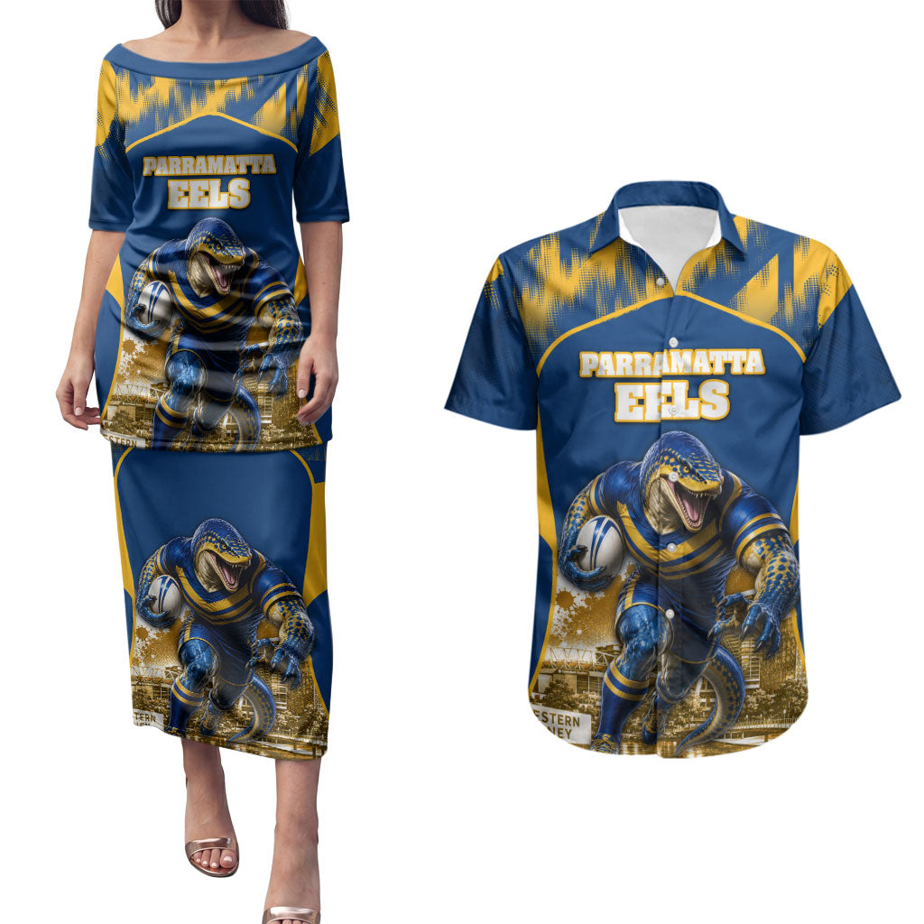 Personalised Parramatta Eels Mascot Rugby Couples Matching Puletasi and Hawaiian Shirt Parramatta Cityscape Athletic Graphic Print