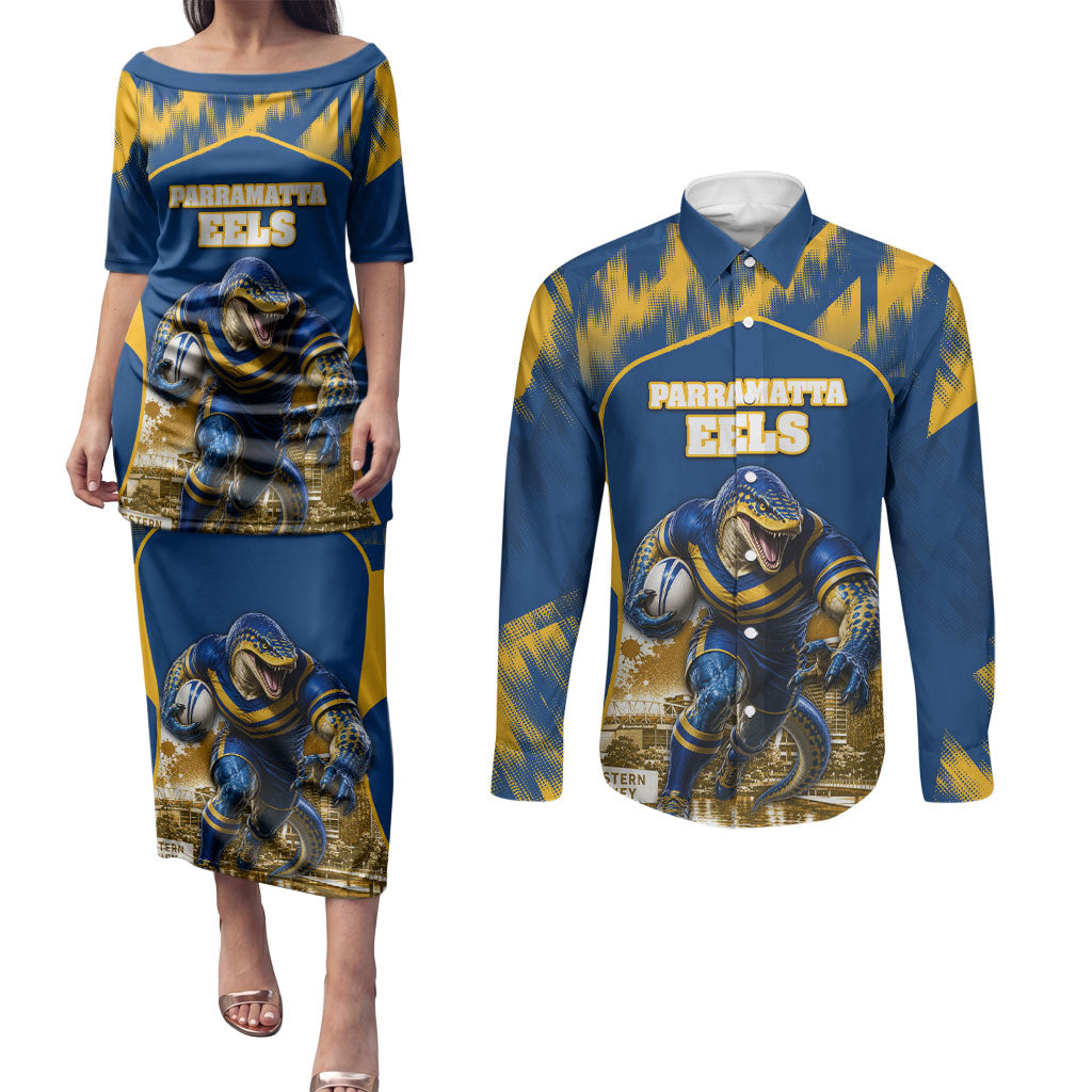 Personalised Parramatta Eels Mascot Rugby Couples Matching Puletasi and Long Sleeve Button Shirt Parramatta Cityscape Athletic Graphic Print