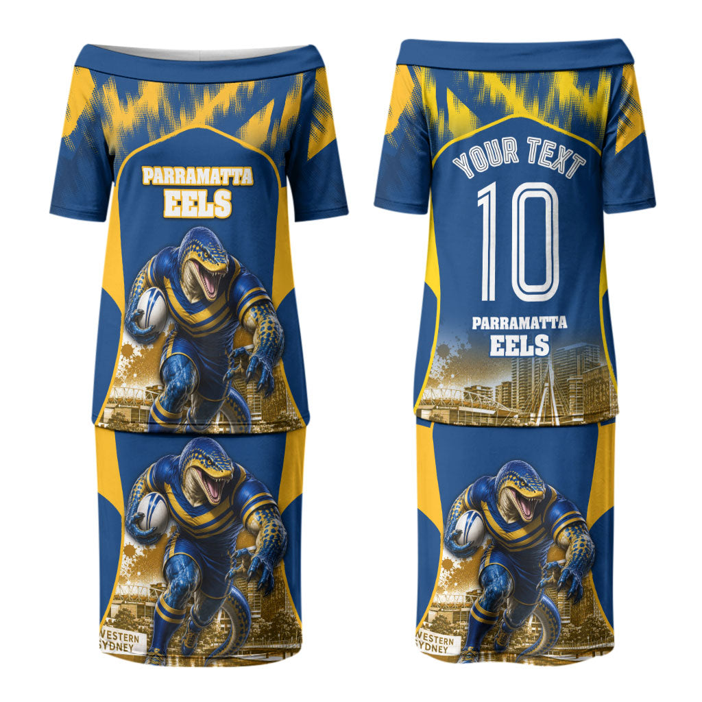 Personalised Parramatta Eels Mascot Rugby Couples Matching Puletasi and Long Sleeve Button Shirt Parramatta Cityscape Athletic Graphic Print