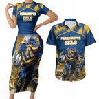 Personalised Parramatta Eels Mascot Rugby Couples Matching Short Sleeve Bodycon Dress and Hawaiian Shirt Parramatta Cityscape Athletic Graphic Print