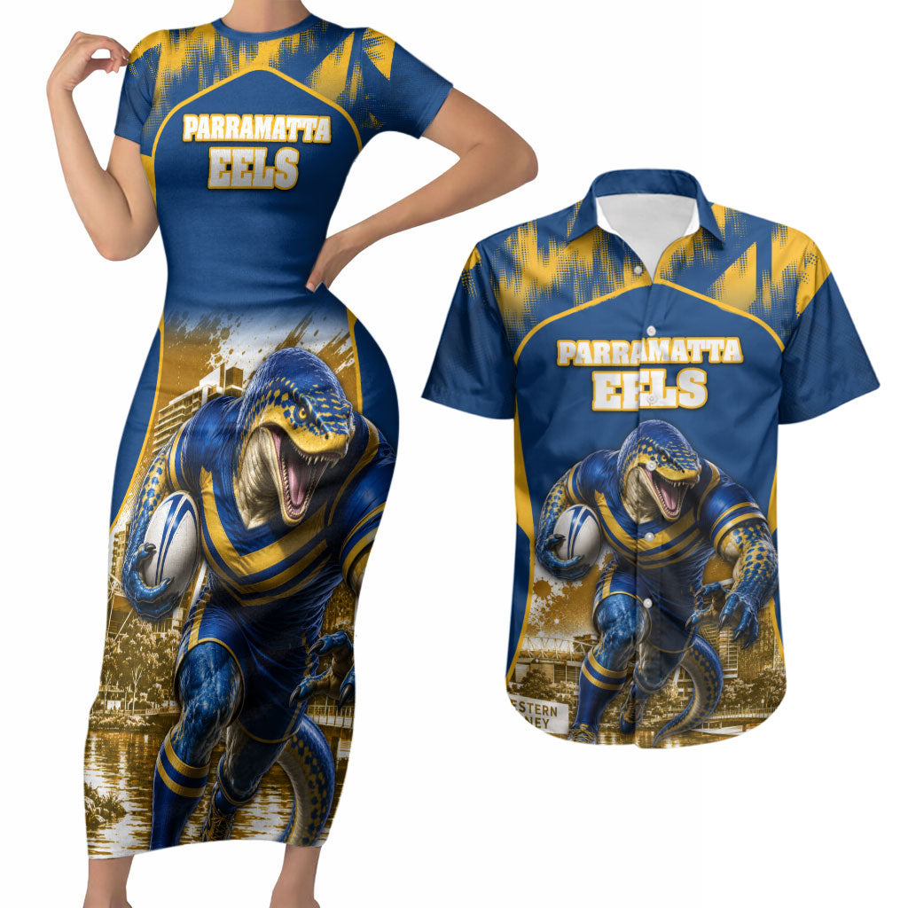 Personalised Parramatta Eels Mascot Rugby Couples Matching Short Sleeve Bodycon Dress and Hawaiian Shirt Parramatta Cityscape Athletic Graphic Print