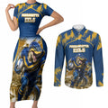 Personalised Parramatta Eels Mascot Rugby Couples Matching Short Sleeve Bodycon Dress and Long Sleeve Button Shirt Parramatta Cityscape Athletic Graphic Print