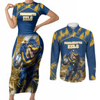 Personalised Parramatta Eels Mascot Rugby Couples Matching Short Sleeve Bodycon Dress and Long Sleeve Button Shirt Parramatta Cityscape Athletic Graphic Print