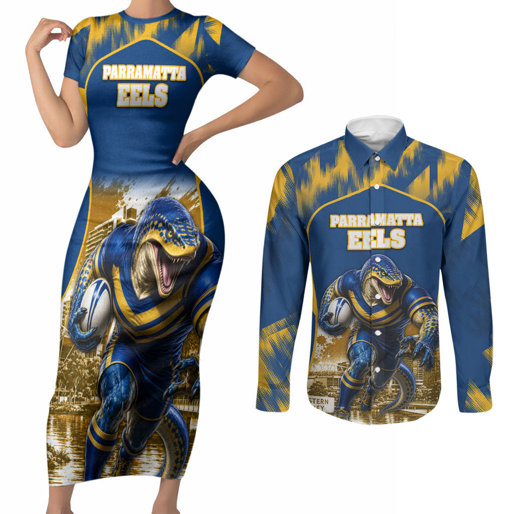 Personalised Parramatta Eels Mascot Rugby Couples Matching Short Sleeve Bodycon Dress and Long Sleeve Button Shirt Parramatta Cityscape Athletic Graphic Print