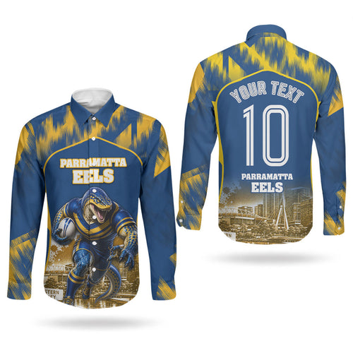 Personalised Parramatta Eels Mascot Rugby Couples Matching Short Sleeve Bodycon Dress and Long Sleeve Button Shirt Parramatta Cityscape Athletic Graphic Print