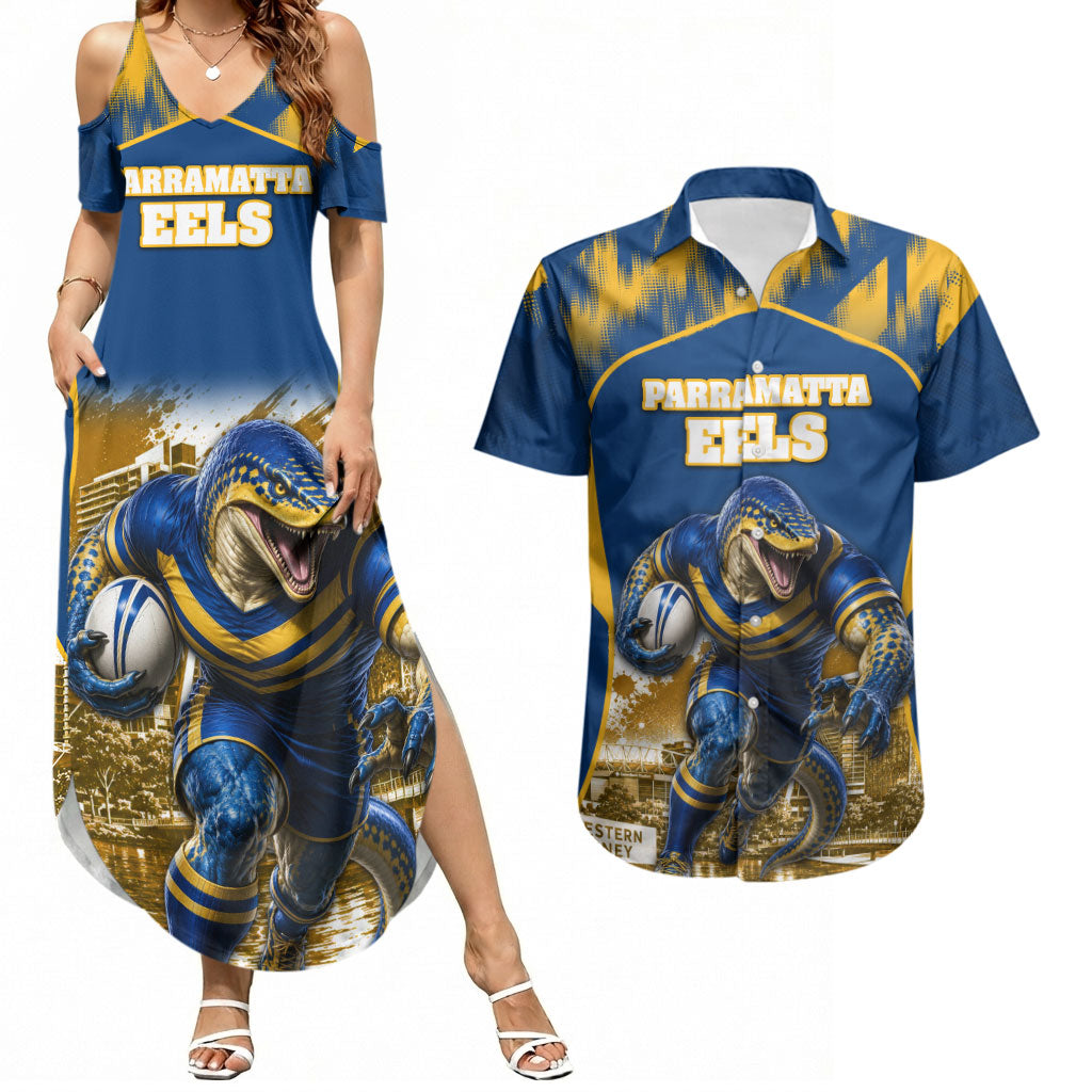 Personalised Parramatta Eels Mascot Rugby Couples Matching Summer Maxi Dress and Hawaiian Shirt Parramatta Cityscape Athletic Graphic Print