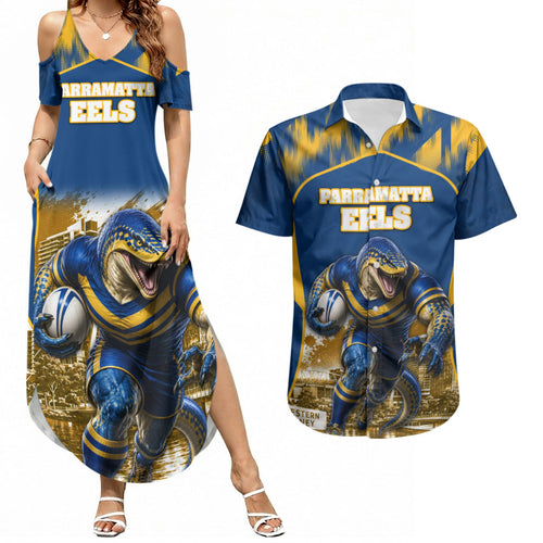 Personalised Parramatta Eels Mascot Rugby Couples Matching Summer Maxi Dress and Hawaiian Shirt Parramatta Cityscape Athletic Graphic Print
