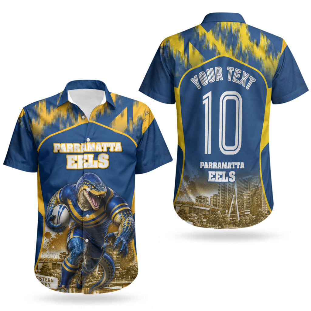 Personalised Parramatta Eels Mascot Rugby Couples Matching Summer Maxi Dress and Hawaiian Shirt Parramatta Cityscape Athletic Graphic Print