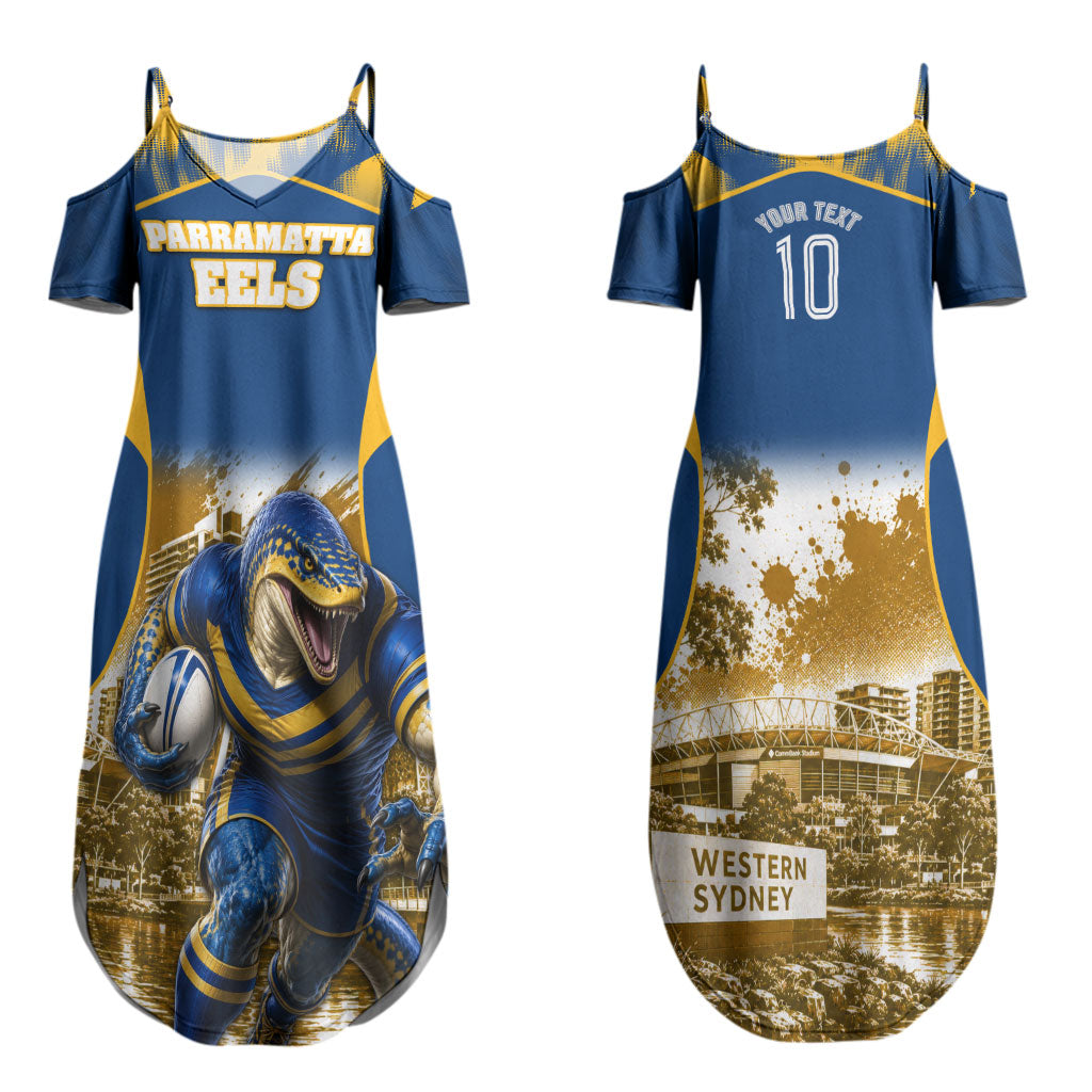 Personalised Parramatta Eels Mascot Rugby Couples Matching Summer Maxi Dress and Hawaiian Shirt Parramatta Cityscape Athletic Graphic Print