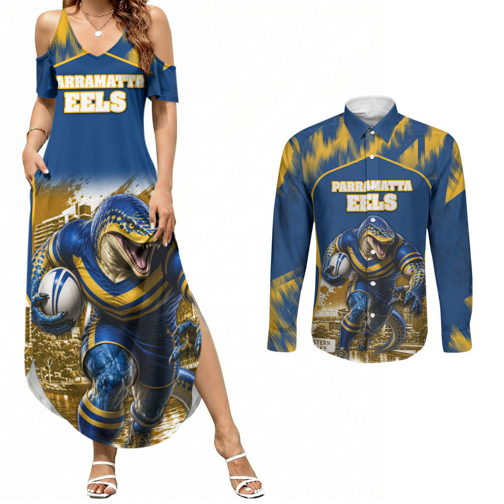 Personalised Parramatta Eels Mascot Rugby Couples Matching Summer Maxi Dress and Long Sleeve Button Shirt Parramatta Cityscape Athletic Graphic Print