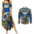 Personalised Parramatta Eels Mascot Rugby Couples Matching Summer Maxi Dress and Long Sleeve Button Shirt Parramatta Cityscape Athletic Graphic Print