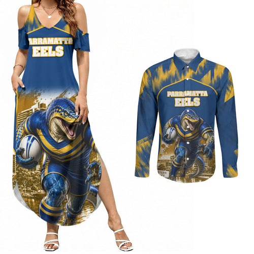 Personalised Parramatta Eels Mascot Rugby Couples Matching Summer Maxi Dress and Long Sleeve Button Shirt Parramatta Cityscape Athletic Graphic Print