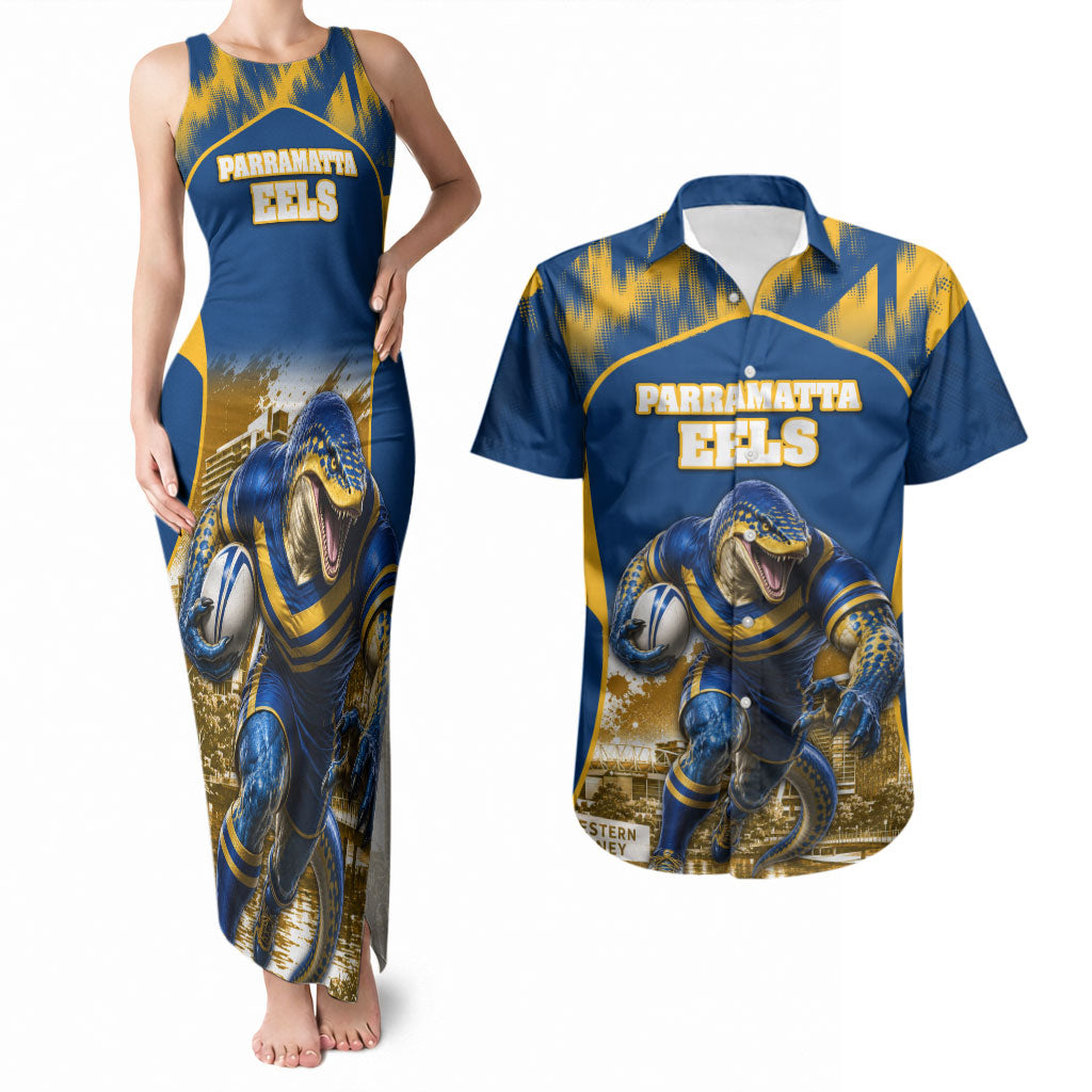 Personalised Parramatta Eels Mascot Rugby Couples Matching Tank Maxi Dress and Hawaiian Shirt Parramatta Cityscape Athletic Graphic Print