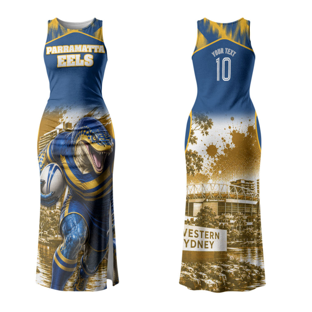 Personalised Parramatta Eels Mascot Rugby Couples Matching Tank Maxi Dress and Hawaiian Shirt Parramatta Cityscape Athletic Graphic Print