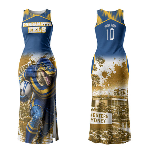 Personalised Parramatta Eels Mascot Rugby Couples Matching Tank Maxi Dress and Hawaiian Shirt Parramatta Cityscape Athletic Graphic Print