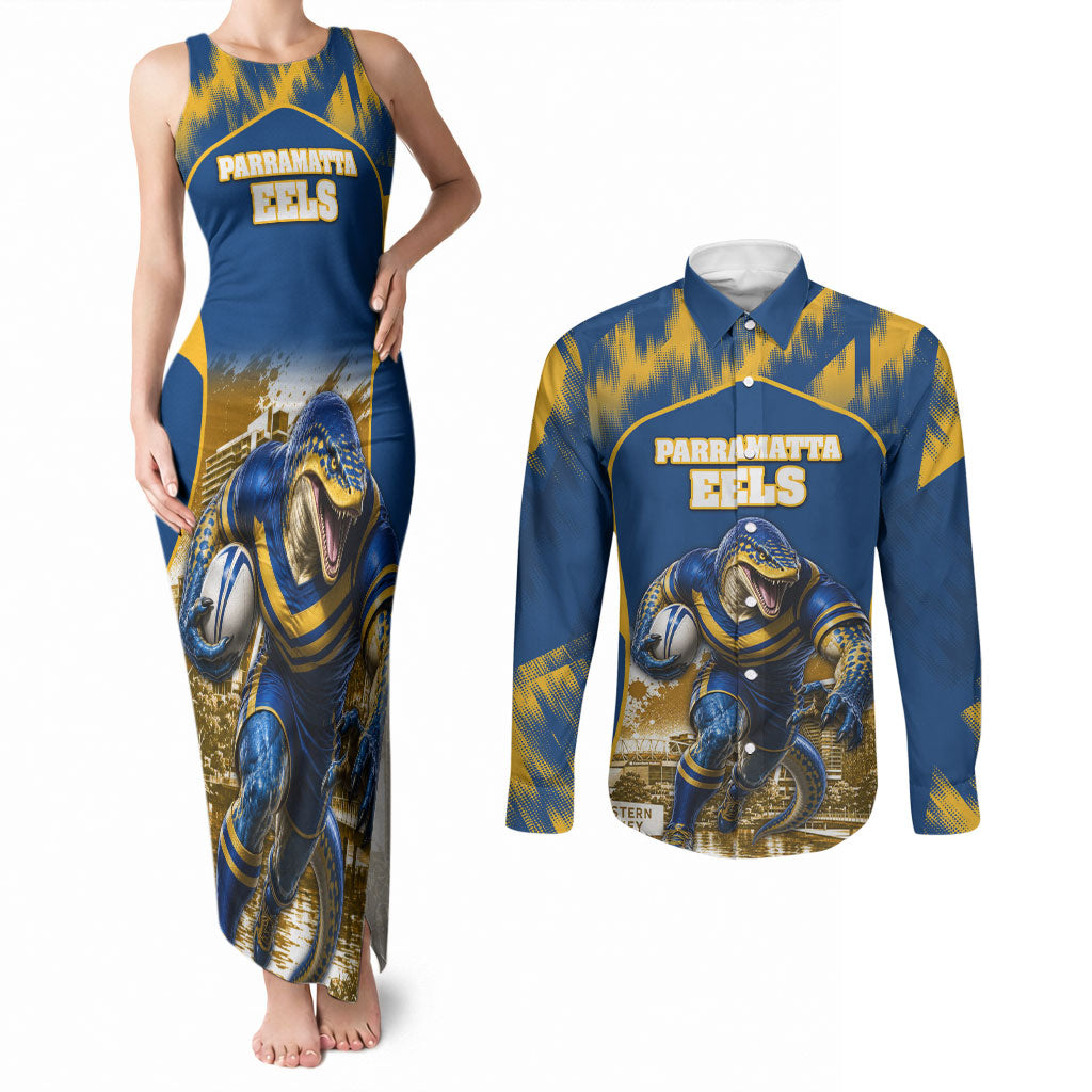 Personalised Parramatta Eels Mascot Rugby Couples Matching Tank Maxi Dress and Long Sleeve Button Shirt Parramatta Cityscape Athletic Graphic Print