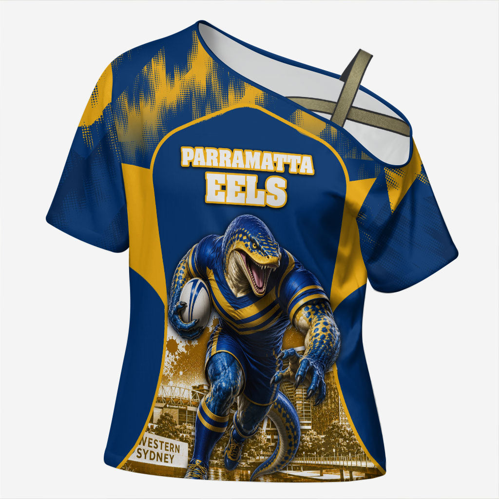 Personalised Parramatta Eels Mascot Rugby Cross Shoulder Shirt Parramatta Cityscape Athletic Graphic Print