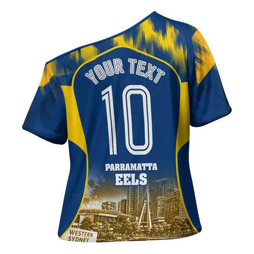 Personalised Parramatta Eels Mascot Rugby Cross Shoulder Shirt Parramatta Cityscape Athletic Graphic Print