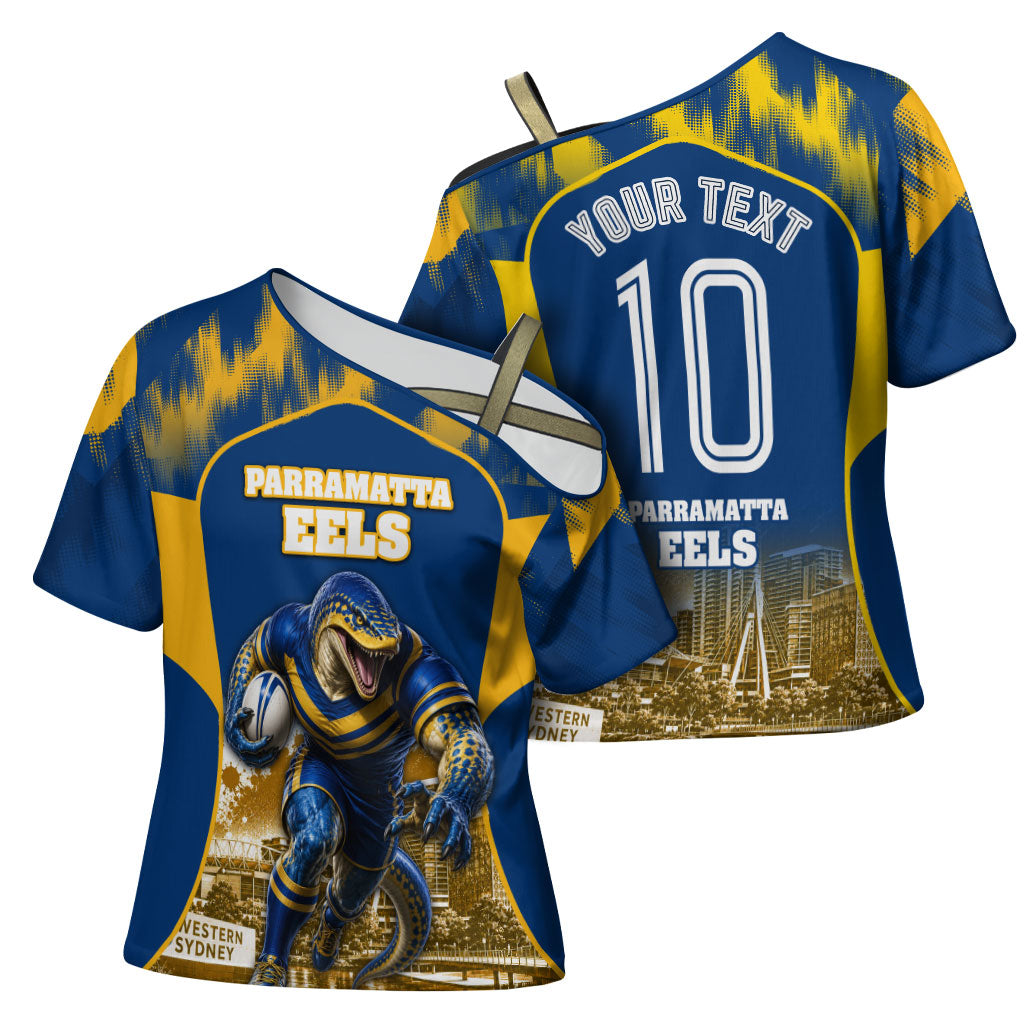 Personalised Parramatta Eels Mascot Rugby Cross Shoulder Shirt Parramatta Cityscape Athletic Graphic Print