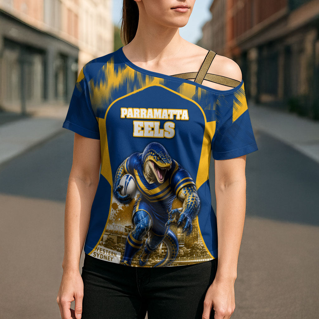 Personalised Parramatta Eels Mascot Rugby Cross Shoulder Shirt Parramatta Cityscape Athletic Graphic Print