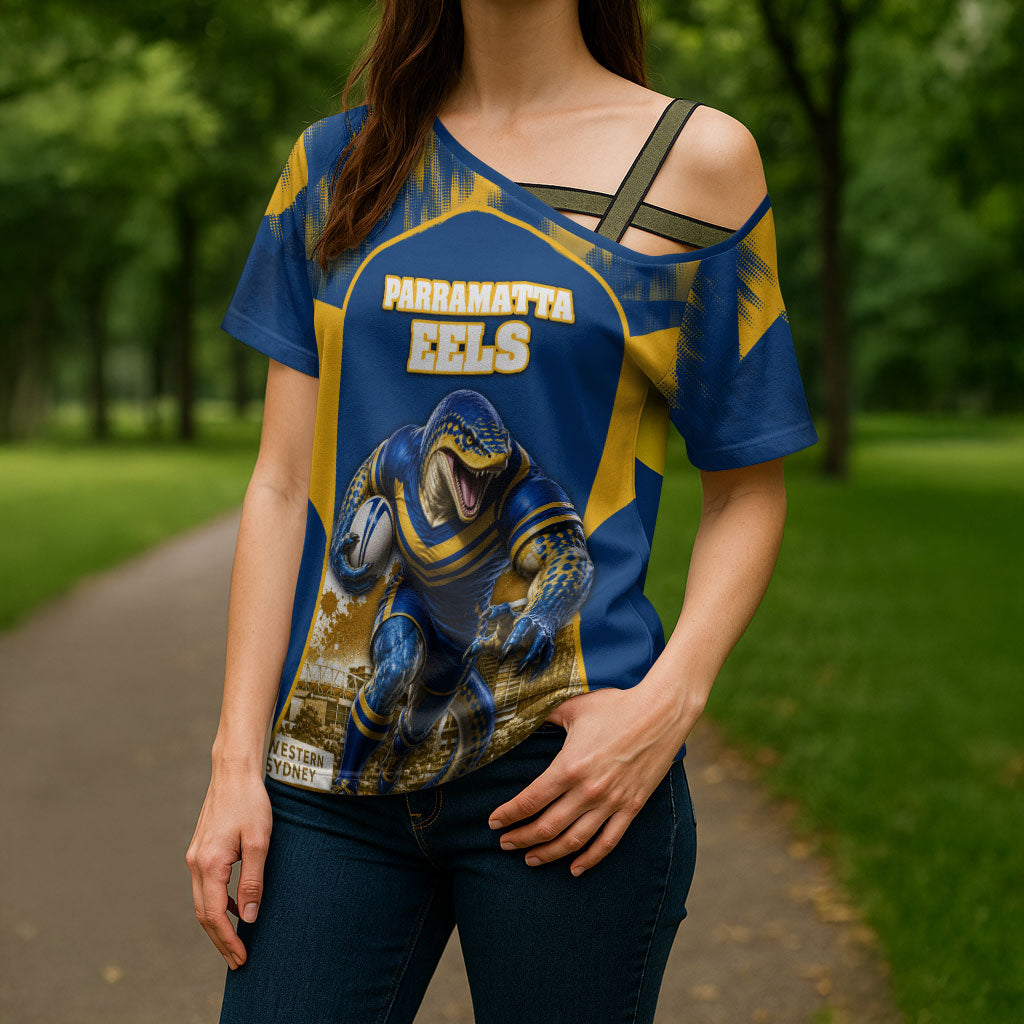 Personalised Parramatta Eels Mascot Rugby Cross Shoulder Shirt Parramatta Cityscape Athletic Graphic Print