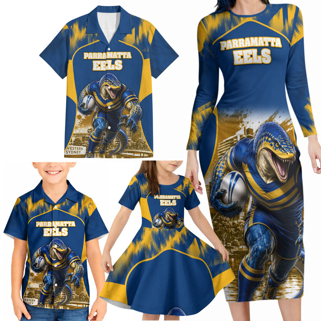 Personalised Parramatta Eels Mascot Rugby Family Matching Long Sleeve Bodycon Dress and Hawaiian Shirt Parramatta Cityscape Athletic Graphic Print