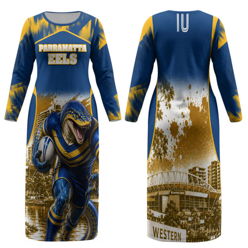 Personalised Parramatta Eels Mascot Rugby Family Matching Long Sleeve Bodycon Dress and Hawaiian Shirt Parramatta Cityscape Athletic Graphic Print