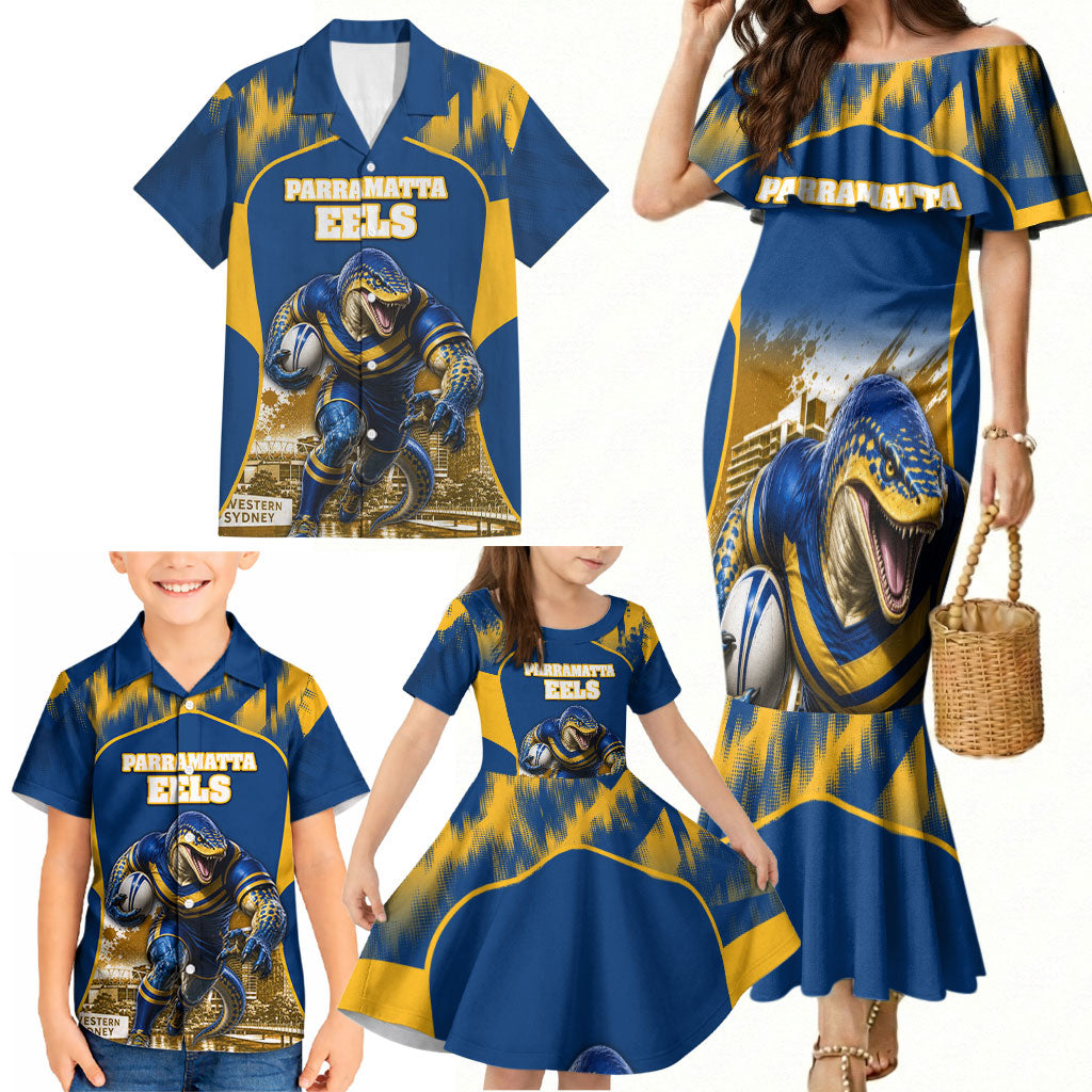 Personalised Parramatta Eels Mascot Rugby Family Matching Mermaid Dress and Hawaiian Shirt Parramatta Cityscape Athletic Graphic Print