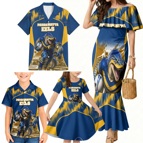 Personalised Parramatta Eels Mascot Rugby Family Matching Mermaid Dress and Hawaiian Shirt Parramatta Cityscape Athletic Graphic Print