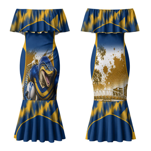 Personalised Parramatta Eels Mascot Rugby Family Matching Mermaid Dress and Hawaiian Shirt Parramatta Cityscape Athletic Graphic Print