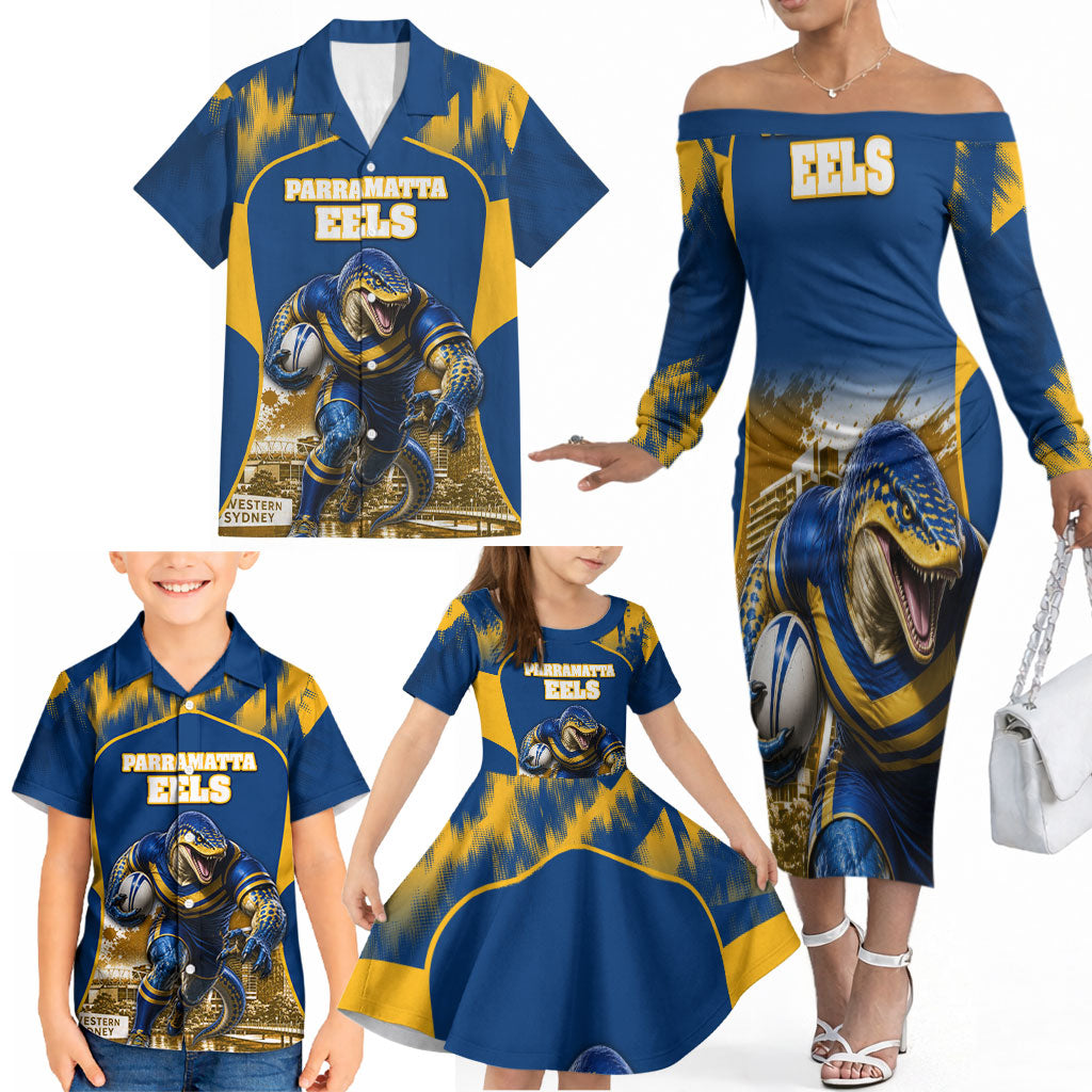 Personalised Parramatta Eels Mascot Rugby Family Matching Off The Shoulder Long Sleeve Dress and Hawaiian Shirt Parramatta Cityscape Athletic Graphic Print
