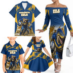 Personalised Parramatta Eels Mascot Rugby Family Matching Off The Shoulder Long Sleeve Dress and Hawaiian Shirt Parramatta Cityscape Athletic Graphic Print