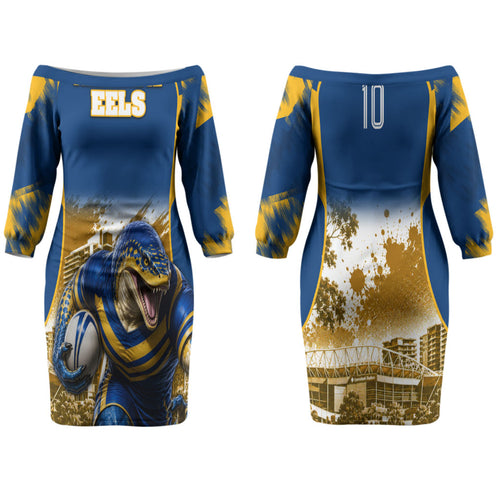 Personalised Parramatta Eels Mascot Rugby Family Matching Off The Shoulder Long Sleeve Dress and Hawaiian Shirt Parramatta Cityscape Athletic Graphic Print